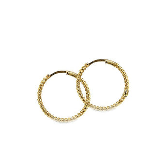 A pair of 10k gold hoop earrings with a textured, twisted rope-like pattern.