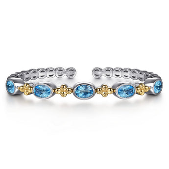 Gabriel & Co. 14K Yellow Gold and 925 Sterling Silver Bujukan Blue Topaz Open Bangle Bracelet