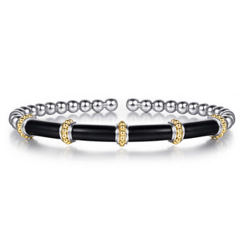 Gabriel & Co. 14K Yellow Gold and 925 Sterling Silver Bujukan and Bar Split Bangle Bracelet with Black Enamel