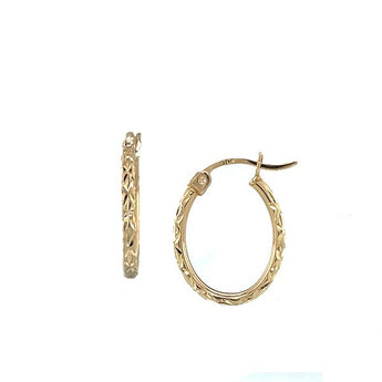 Estate 10K Yellow Gold Oval Diamond-Cut Texture Hoop Earrings