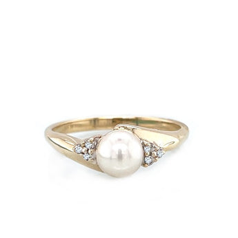 Estate 10K Yellow Gold Pearl and Diamond Bypass Ring