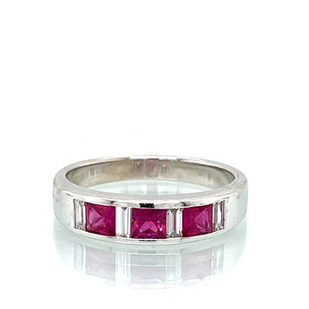 Estate 14K White Gold Pink Sapphire and Baguette Diamond Band Ring