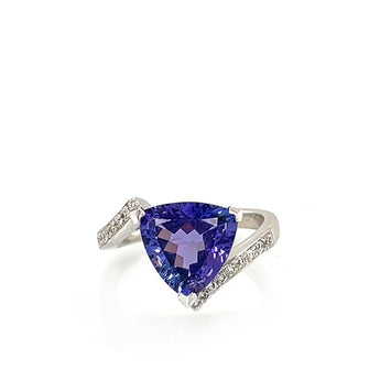 Estate 18K White Gold 3ct Trillion Tanzanite and Diamond Bypass Ring