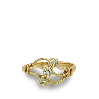 Estate 18K Yellow Gold Three Stone Diamond Openwork Triology Wave Ring