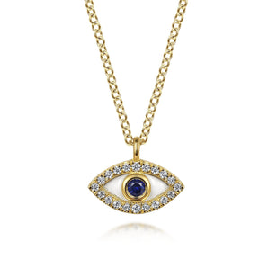 Gabriel & Co. 14K Yellow Gold Diamond Blue Sapphire and White Enamel Evil Eye Pendant Necklace