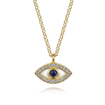 Gabriel & Co. 14K Yellow Gold Diamond Blue Sapphire and White Enamel Evil Eye Pendant Necklace