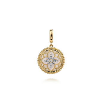 Gabriel & Co. 14K Yellow Gold Bujukan Diamond and Mother of Pearl Medallion Pendant in size 18mm With Detachable Bail