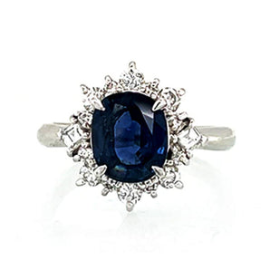 Platinum Natural Sapphire and Diamond Halo Engagement Ring