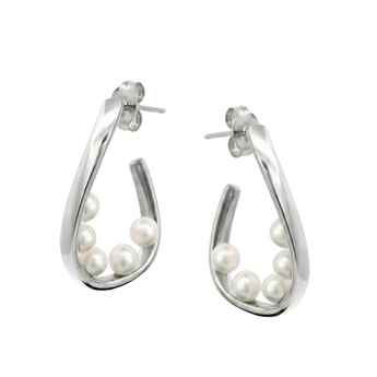 Sterling Silver Pearl 5 Pearl Hoop Earrings