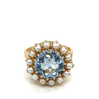 Vintage 14K Yellow Gold Spinel and Pearl Cluster Cocktail Ring