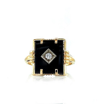 Vintage Estate 10K Yellow Gold Diamond Inset Onyx Ring