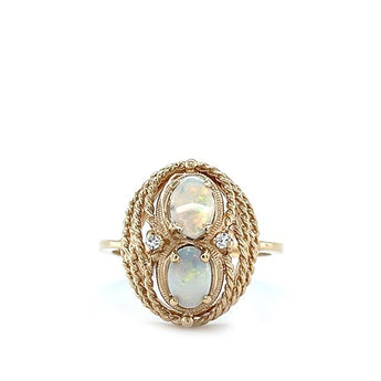 Vintage Estate 10K Yellow Gold Opal and Diamond Ropework Ring