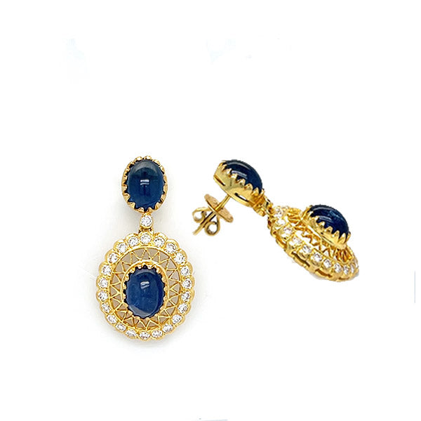 Vintage 14KEstate 18K Yellow Gold Sapphire and Diamond Statement Dangle Earrings
