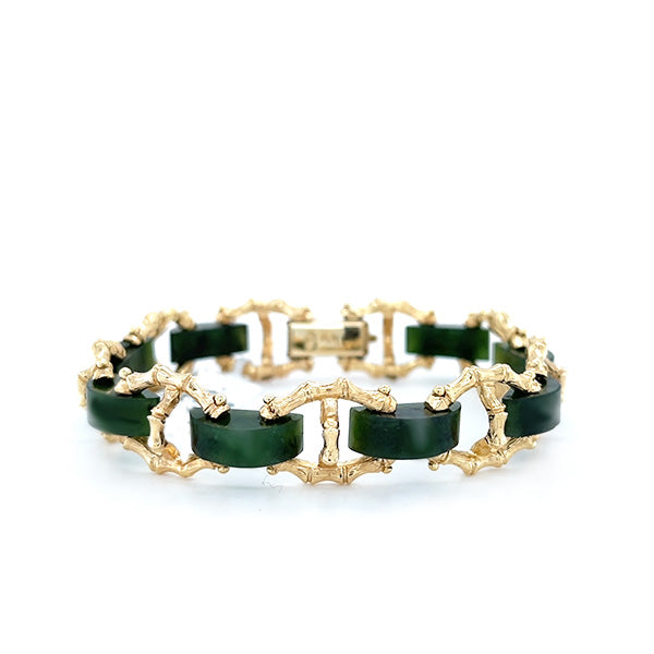 Vintage 14K Yellow Gold Bamboo and Nephrite Jade Link Bracelet