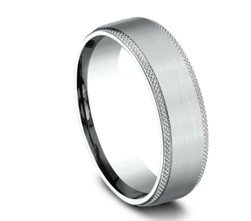 6.5mm 14 karat white gold sating finish ring with hatched edge