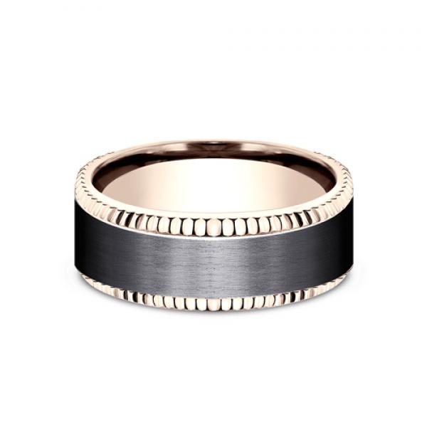 8mm 14 karat rose gold and black tantalum ring with satin finish and detailed edge