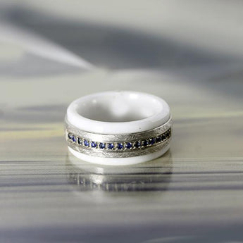 9mm White ceramic and 10k white gold ring with blue sapphire inlay by madani