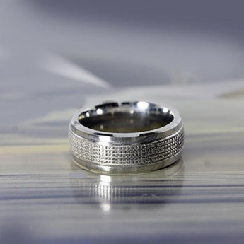 9mm cobalt and 10 karat white gold ring with textured inlay by madani