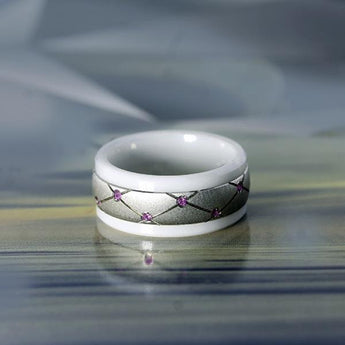 9mm White ceramic and 10 karat white gold ring white pink sapphire and diamond etching by madani