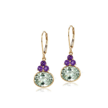 10K Yellow Gold Prasiolite and Amethyst Gemstone Drop Earrings