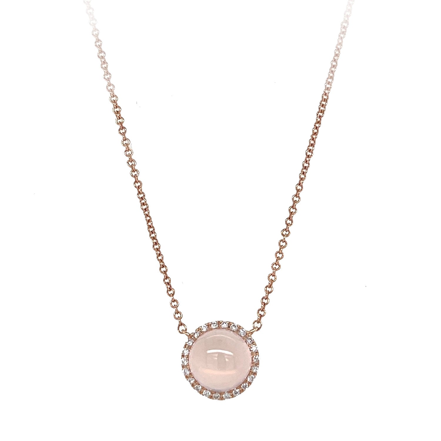 14K Rose Gold Rose Quartz and Diamond Halo Necklace