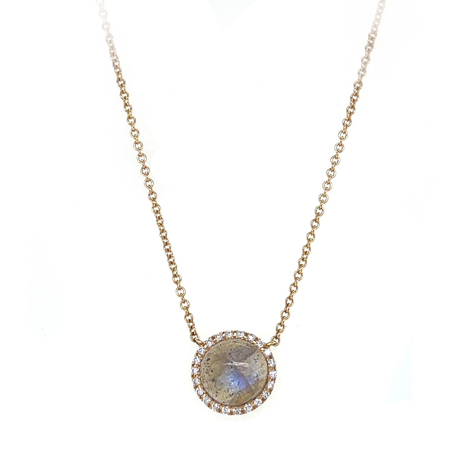 14K Yellow Gold Labradorite and Diamond Halo Necklace