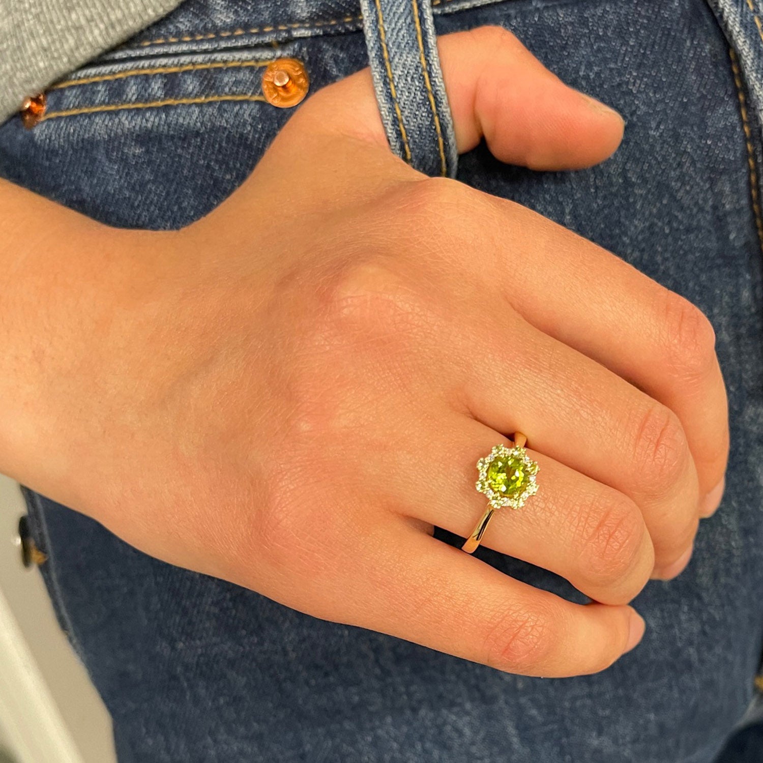 14K Yellow Gold Peridot and Diamond Halo Ring