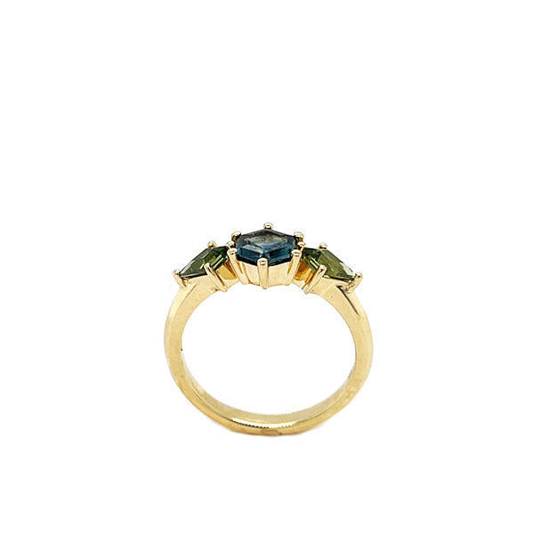 14K Yellow Gold Teal and Green Fancy-Cut Sapphire 3-Stone Ring