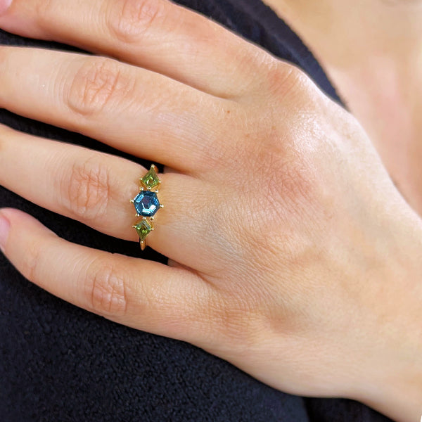 14K Yellow Gold Teal and Green Fancy-Cut Sapphire 3-Stone Ring