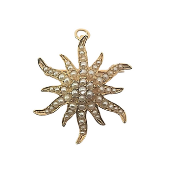 Antique Edwardian 14KY Gold Seed Pearl Sunburst Pendant Brooch