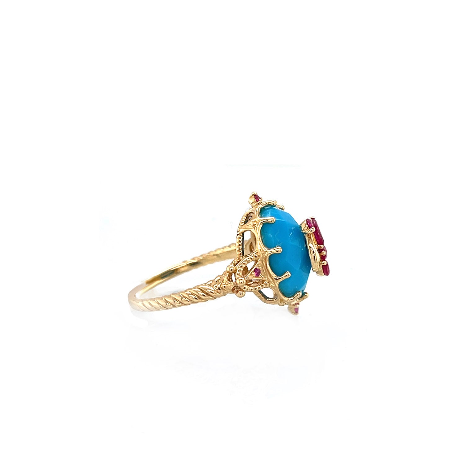 18K Yellow Gold Turquoise and Ruby Ornate Ring