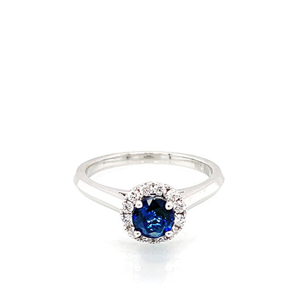 18K White Gold Round Sapphire With Diamond Halo Engagement Ring
