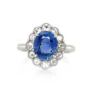Platinum Oval Sapphire and Rose Cut Diamond Engagement Ring