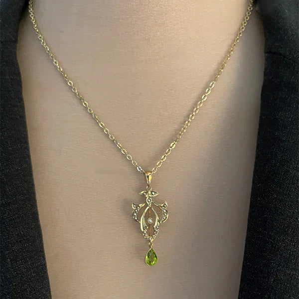 Antique Art Nouveau Birks 14K Yellow Gold Seed Pearl and Peridot Lavalier Pendant