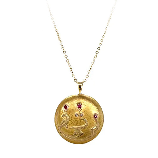 Antique 18K Yellow Gold Ruby and Diamond Engraved Converted Pocket Watch Pendant