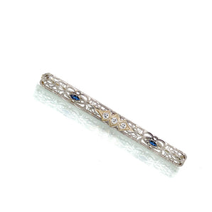 Antique  Art Deco 14K White Gold Diamond and Sapphire Filigree Bar Brooch