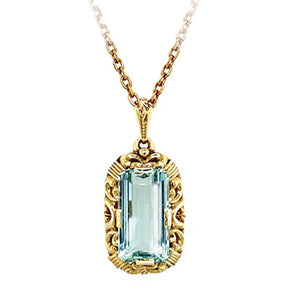 Antique Art Deco 14K Yellow Gold Aquamarine Ornate Pendant