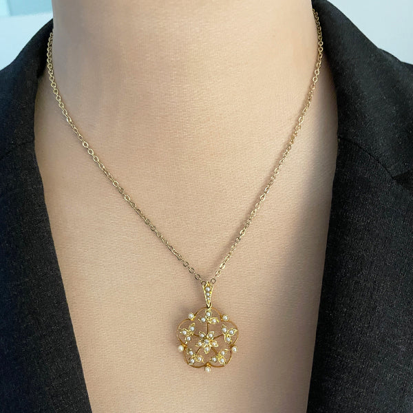 Antique Victorian 14K Yellow Gold Seed Pearl and Diamond Floral Pendant