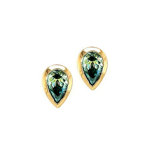 Bespoke 14K Yellow Gold Bezel-Set Pear-Cut Teal Moissanite Stud Earrings (1.60ctw)