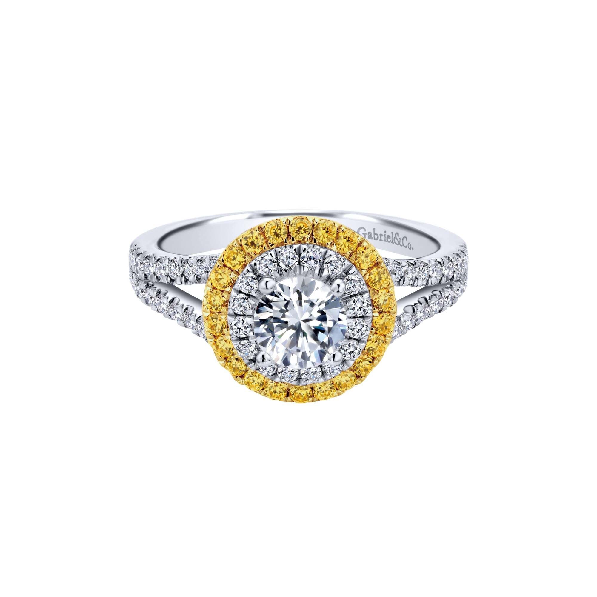 Gabriel & Co. 14k White Gold Round Double Halo with Diamonds & Yellow Sapphires Engagement Ring