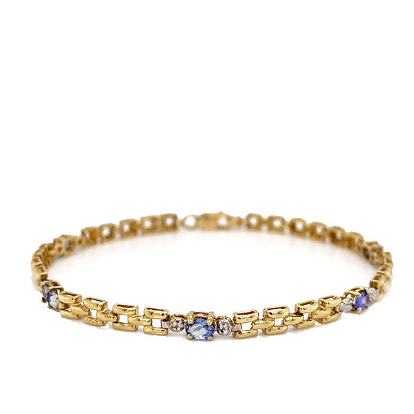 Estate 10K Yellow Gold Tanzanite and Diamond Panther-Link Line Bracelet