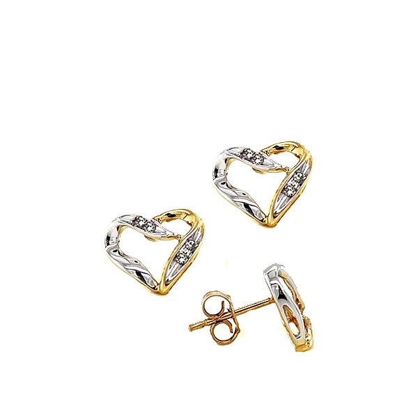 Estate 10K Two Tone Gold Diamond Open Heart Stud Earrings