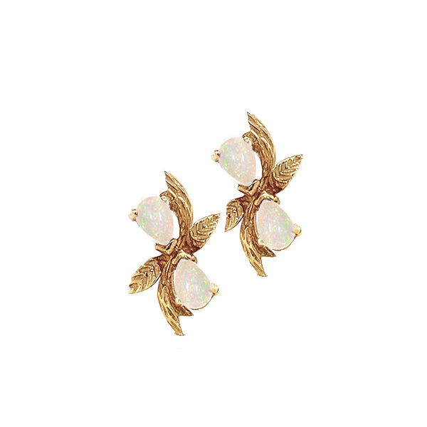 Estate 10K Yellow Gold Opal Leaf Stud Earrings