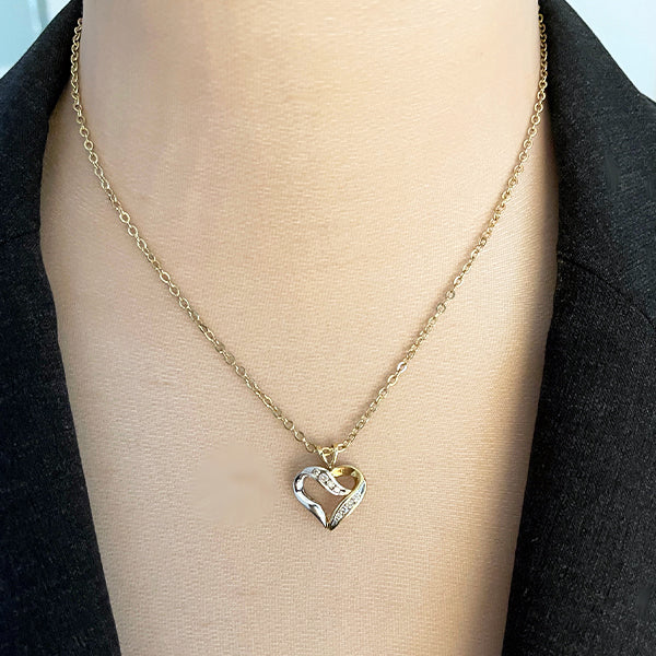 Estate 10K Two Tone Gold Diamond Open Heart Pendant