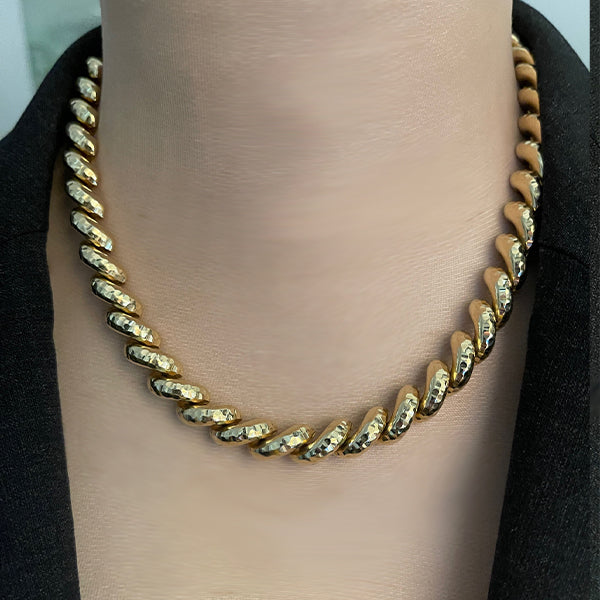 Vintage 14K Yellow Gold Textured Macaroni Link Necklace