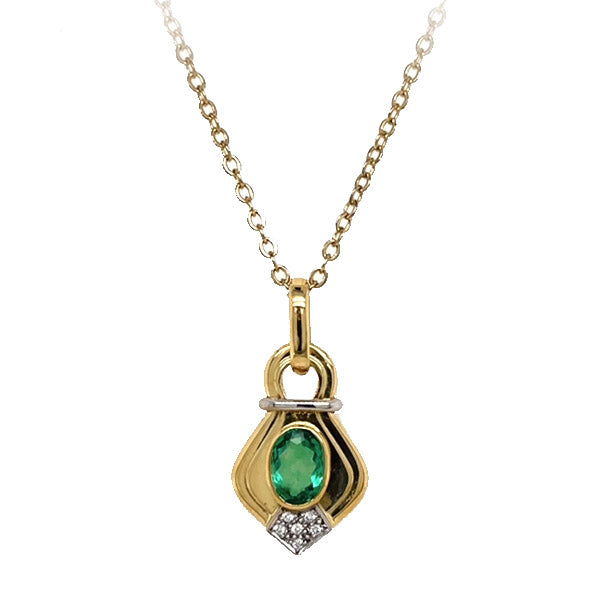 Estate 18K Two Tone Gold Lab-Grown Emerald and Diamond Statement Pendant