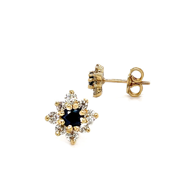 Estate 14K Yellow Gold Sapphire and Diamond Floral Cluster Stud Earrings