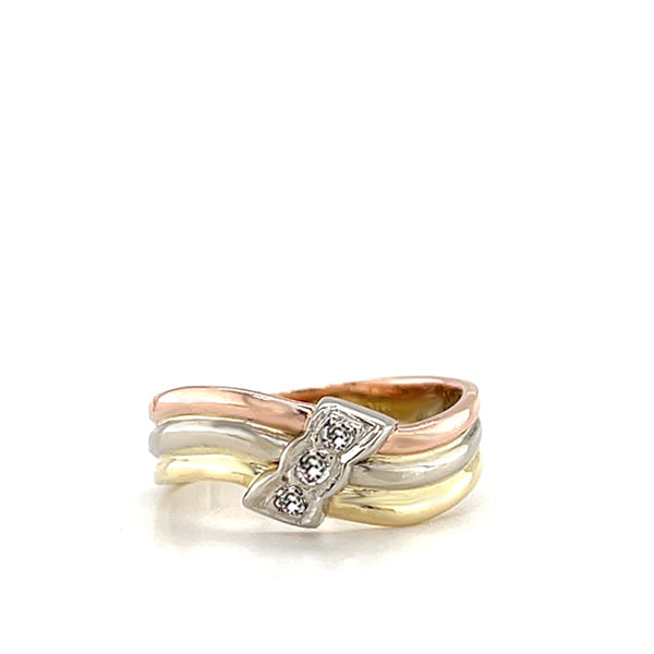 Vintage 14K Tri-Tone Gold 3-Stone Diamond Wave Ring