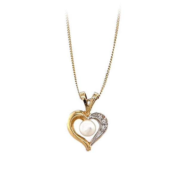 Estate 14K Yellow Gold Pearl and Diamond Heart Necklace