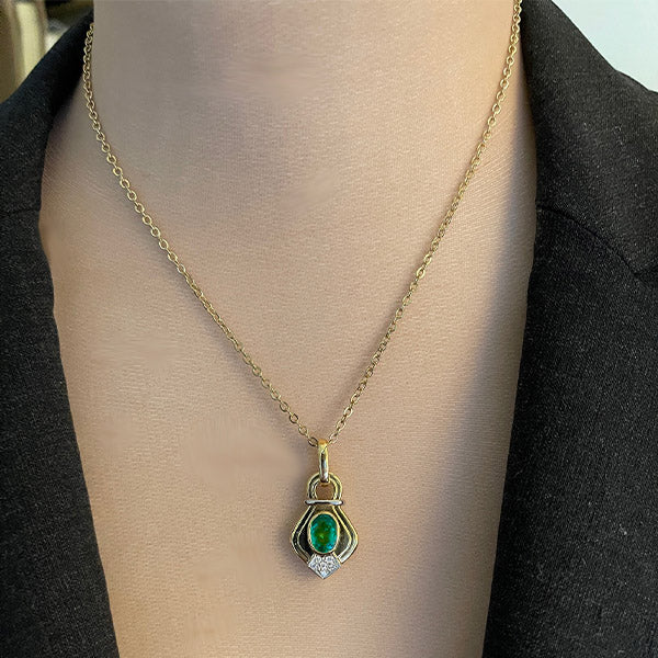 Estate 18K Two Tone Gold Lab-Grown Emerald and Diamond Statement Pendant